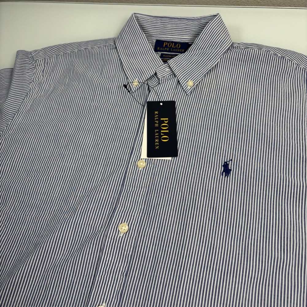 Polo Ralph Lauren Mens M Blue Striped Seersucker Short Sleeve Button Down New